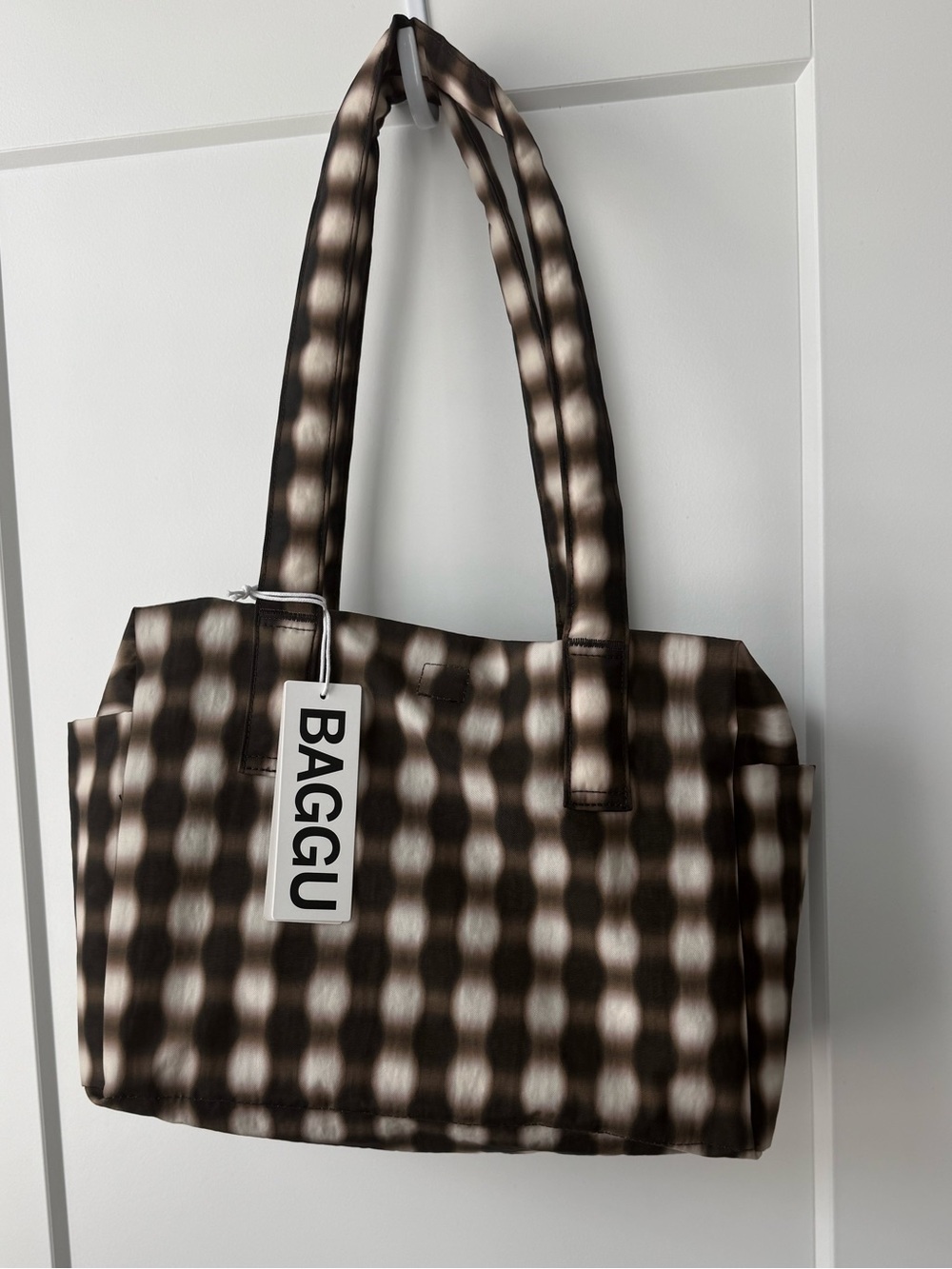BAGGU Everyday Cloud Bag Blurred Gingham Brown Cream New With Tags